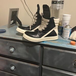 Rick Owens Black and Cream High-Top Sneakers